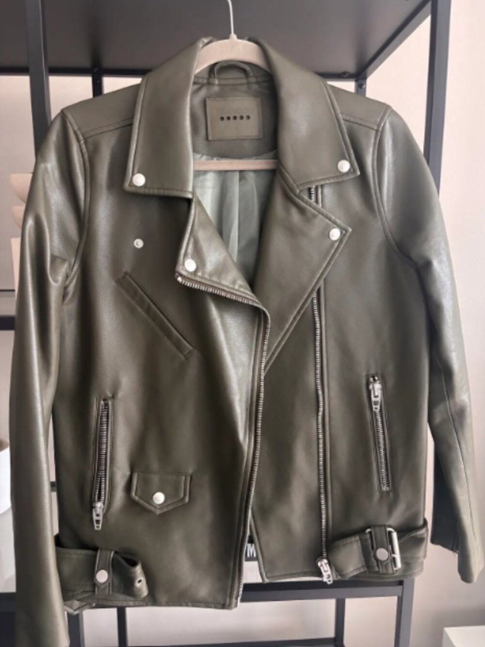 NWT Blank NYC Vegan Leather Moto Jacket - Olive Green, Silver Hardware - Small